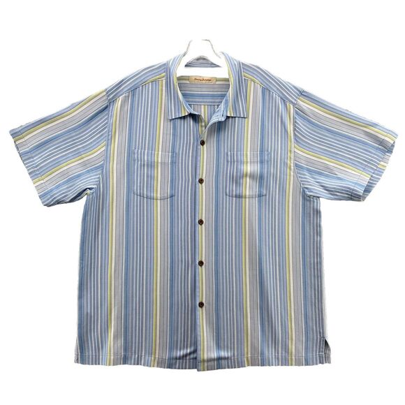 Tommy Bahama XL Blue Stripped 100% Silk Hawaiian Short Sleeve Button Down Men's - Picture 2 of 10